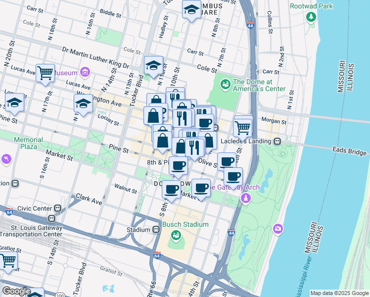 map of restaurants, bars, coffee shops, grocery stores, and more near 414 North 8th Street in St. Louis