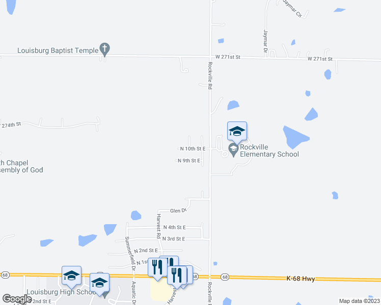 map of restaurants, bars, coffee shops, grocery stores, and more near 1425 North 10th Street East in Louisburg