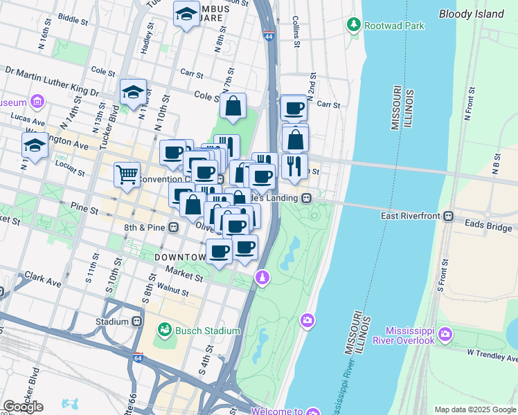 map of restaurants, bars, coffee shops, grocery stores, and more near 414 Washington Avenue in St. Louis