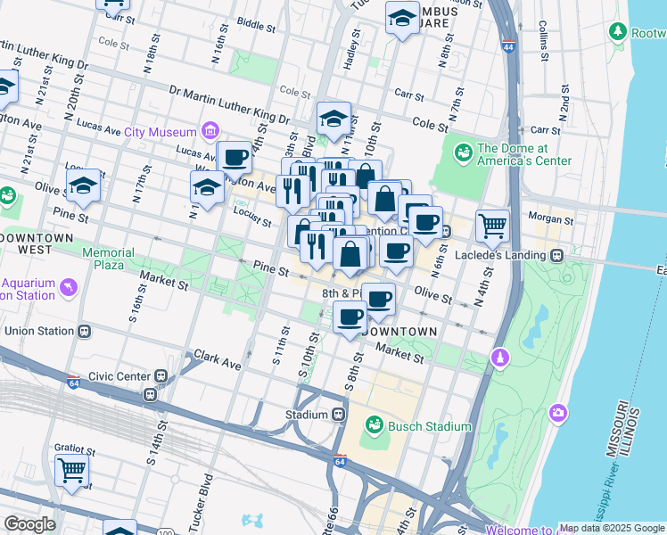 map of restaurants, bars, coffee shops, grocery stores, and more near in St. Louis