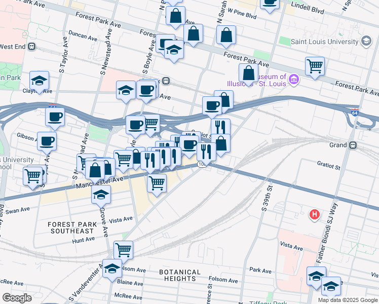 map of restaurants, bars, coffee shops, grocery stores, and more near 4019 Papin Street in St. Louis