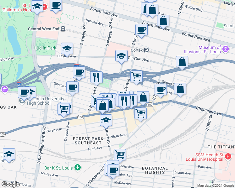map of restaurants, bars, coffee shops, grocery stores, and more near 4321 Chouteau Avenue in St. Louis