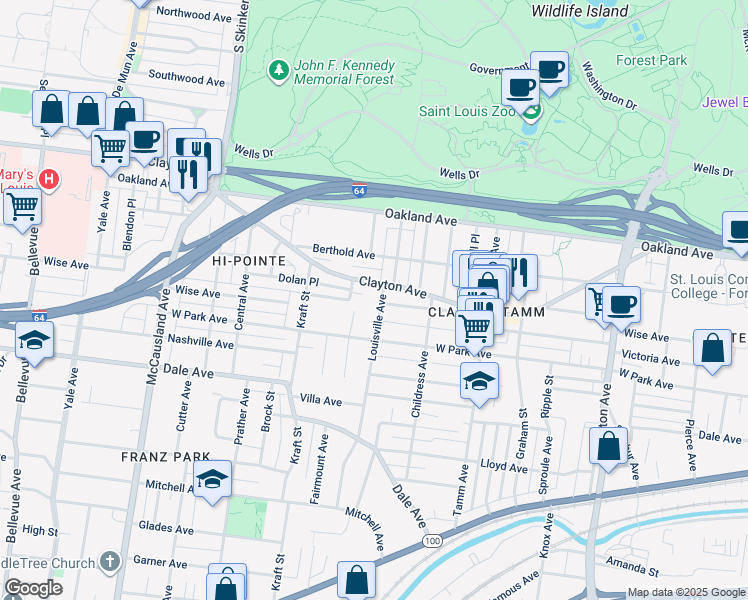 map of restaurants, bars, coffee shops, grocery stores, and more near 6496 Clayton Avenue in St. Louis