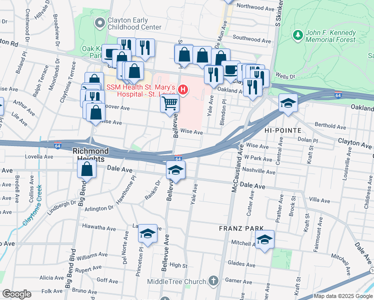 map of restaurants, bars, coffee shops, grocery stores, and more near 1220 Bellevue Avenue in Richmond Heights