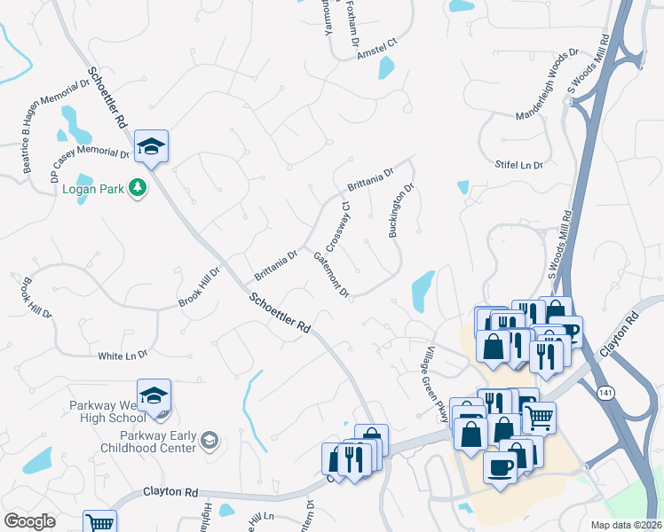 map of restaurants, bars, coffee shops, grocery stores, and more near 1868 Gatemont Drive in Chesterfield
