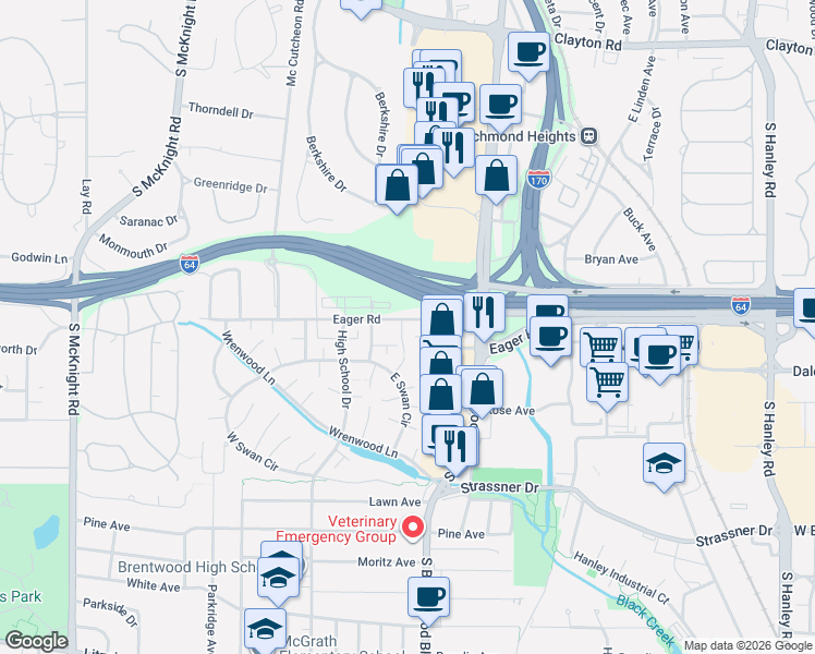 map of restaurants, bars, coffee shops, grocery stores, and more near 8830 Eager Road in St. Louis