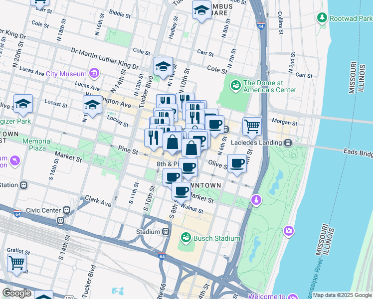 map of restaurants, bars, coffee shops, grocery stores, and more near 815 Olive Street in St. Louis