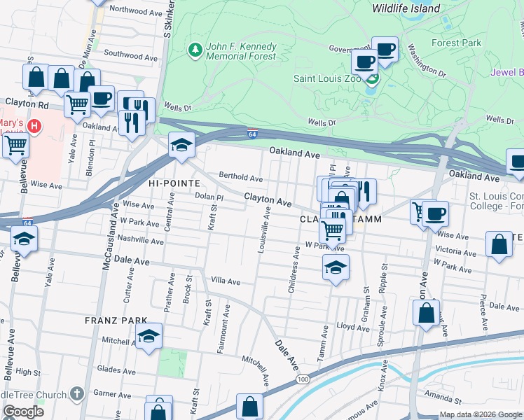 map of restaurants, bars, coffee shops, grocery stores, and more near 6496 Clayton Avenue in St. Louis
