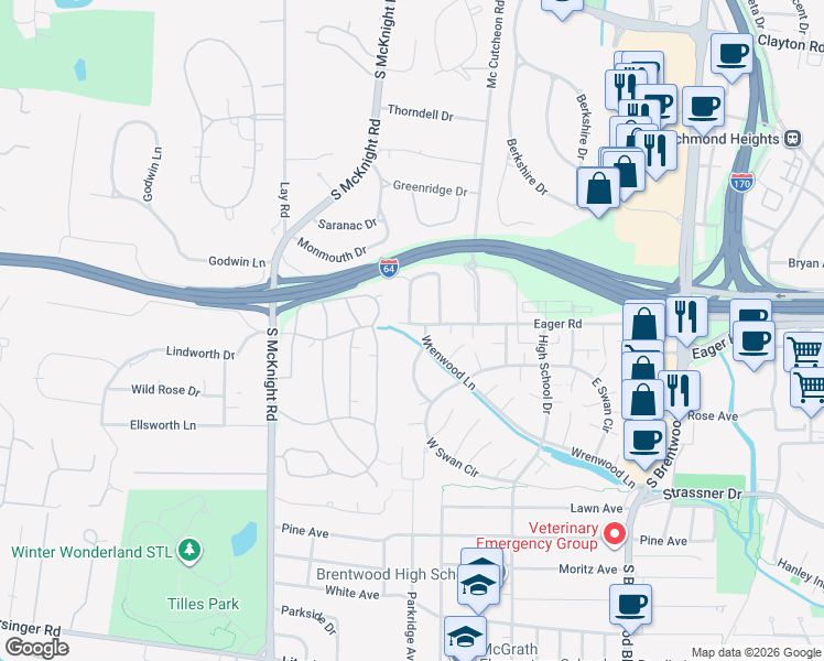 map of restaurants, bars, coffee shops, grocery stores, and more near 83 Chafford Woods in St. Louis