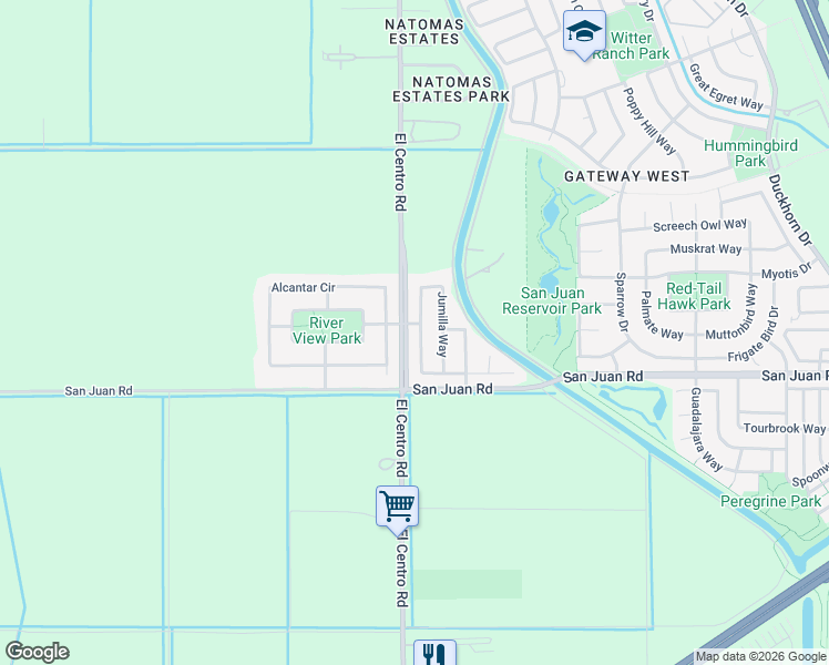 map of restaurants, bars, coffee shops, grocery stores, and more near 3582 Jumilla Way in Sacramento