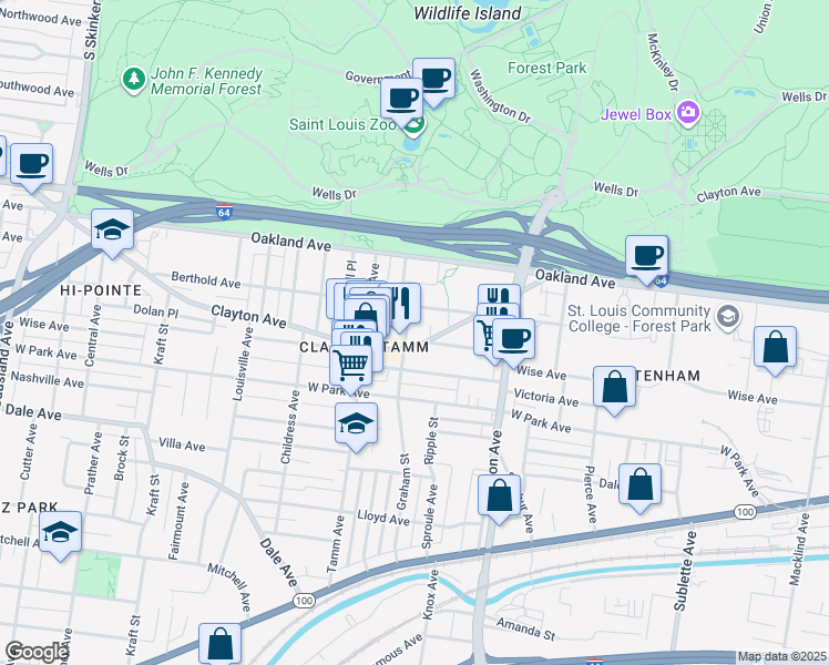 map of restaurants, bars, coffee shops, grocery stores, and more near 1112 Graham Street in St. Louis
