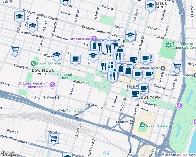 map of restaurants, bars, coffee shops, grocery stores, and more near 1315 Chestnut Street in St. Louis