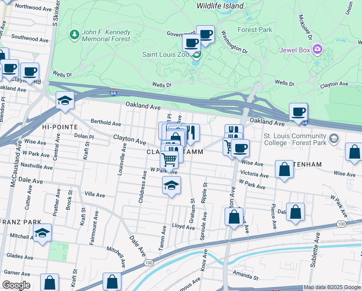 map of restaurants, bars, coffee shops, grocery stores, and more near in St. Louis
