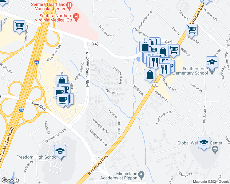 map of restaurants, bars, coffee shops, grocery stores, and more near 2186 Oberlin Drive in Woodbridge