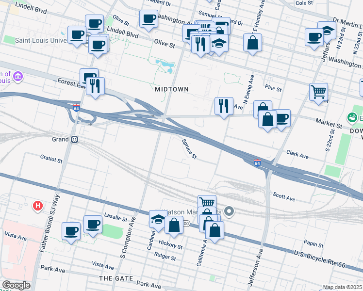 map of restaurants, bars, coffee shops, grocery stores, and more near in St. Louis