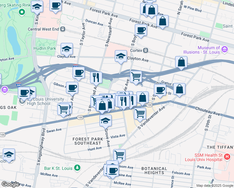 map of restaurants, bars, coffee shops, grocery stores, and more near 4322 Chouteau Avenue in St. Louis
