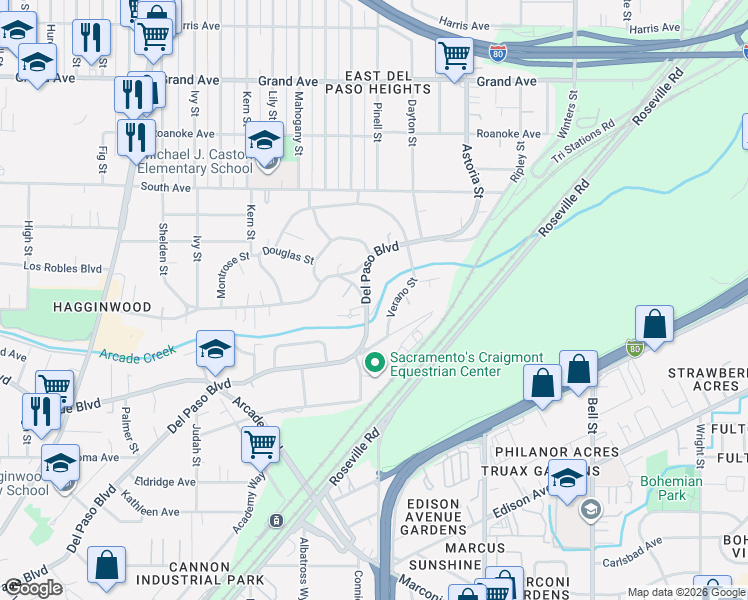map of restaurants, bars, coffee shops, grocery stores, and more near 3464 Del Paso Boulevard in Sacramento