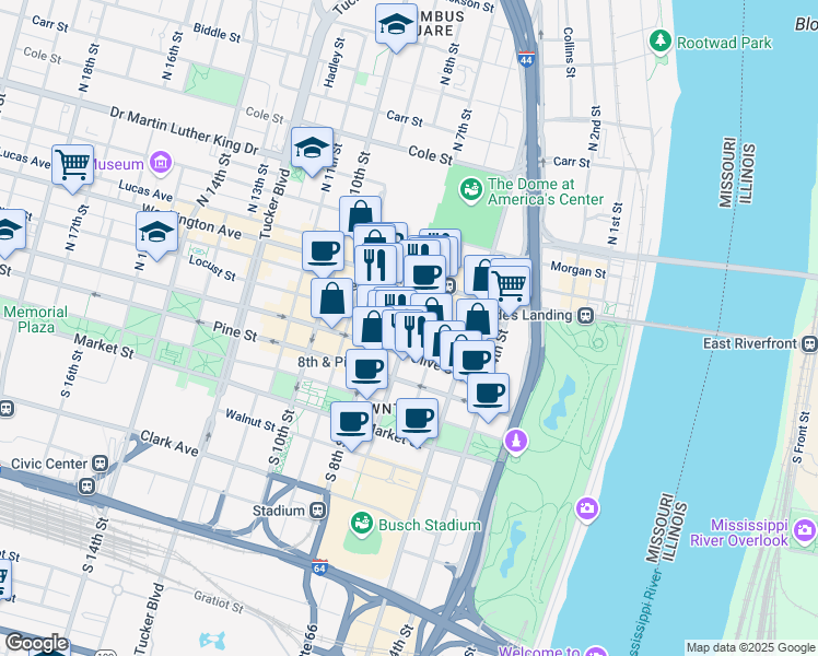 map of restaurants, bars, coffee shops, grocery stores, and more near 400 N 7th St in St Louis