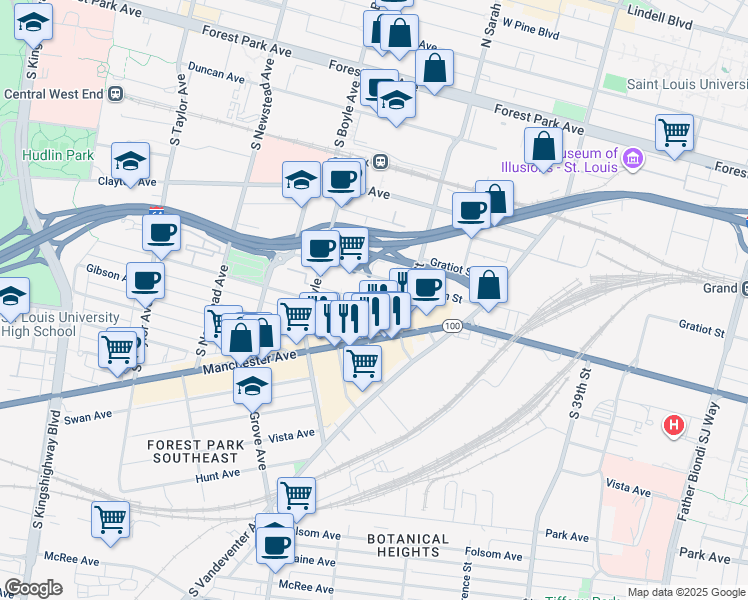 map of restaurants, bars, coffee shops, grocery stores, and more near 4146 Papin Street in St. Louis