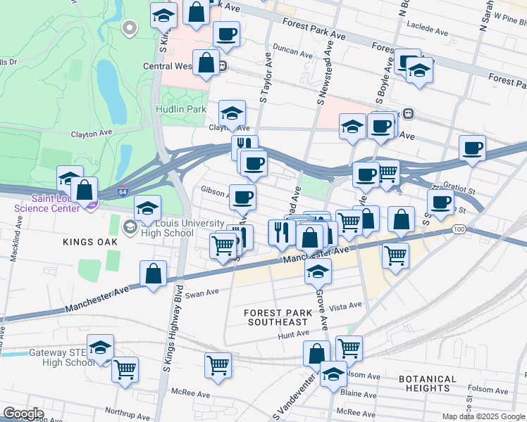 map of restaurants, bars, coffee shops, grocery stores, and more near 4437 Gibson Avenue in St. Louis
