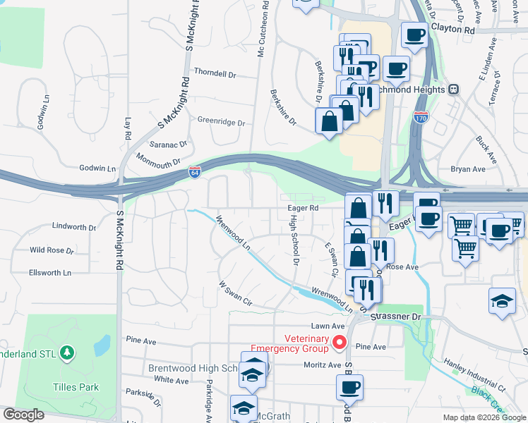 map of restaurants, bars, coffee shops, grocery stores, and more near 9120 Eager Road in St. Louis