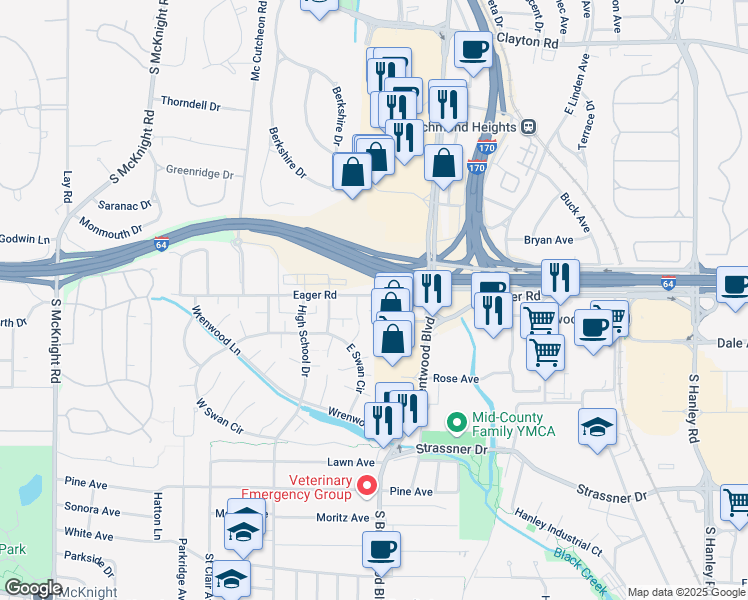 map of restaurants, bars, coffee shops, grocery stores, and more near 8806 Eager Road in St. Louis