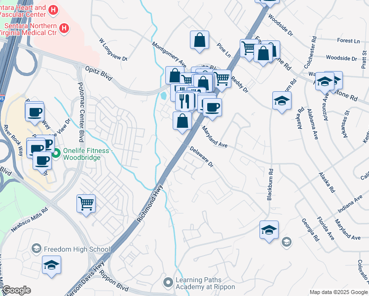 map of restaurants, bars, coffee shops, grocery stores, and more near Jefferson Davis Highway in Woodbridge
