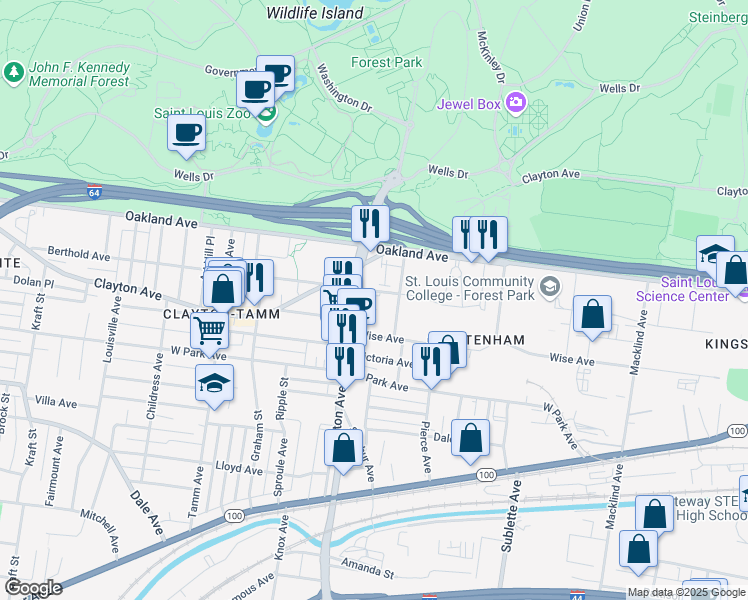 map of restaurants, bars, coffee shops, grocery stores, and more near 5930 Berthold Avenue in St. Louis