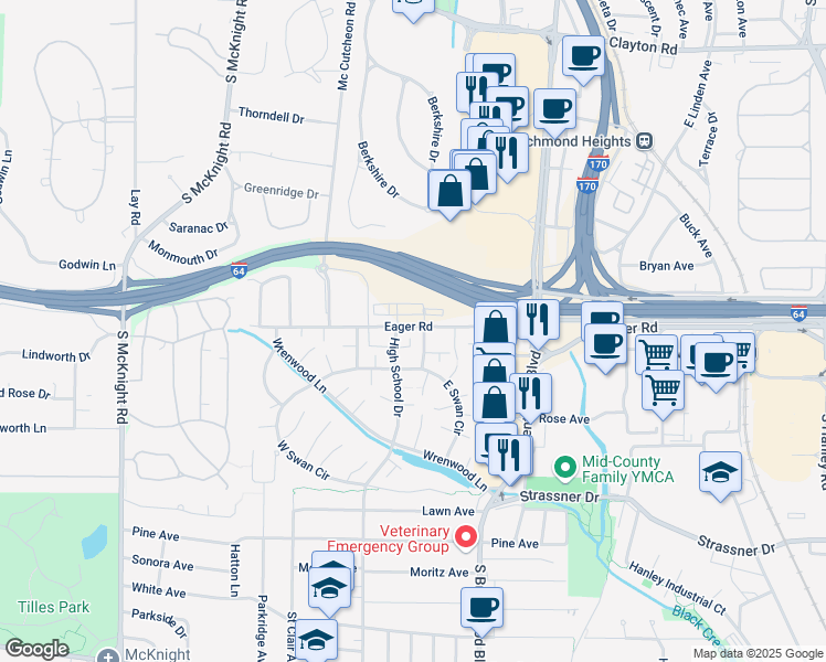 map of restaurants, bars, coffee shops, grocery stores, and more near 8906 Eager Road in St. Louis