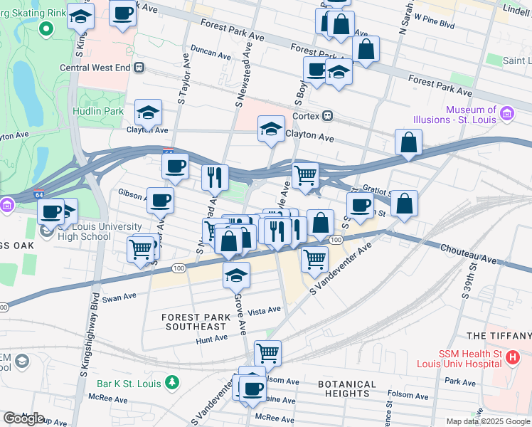 map of restaurants, bars, coffee shops, grocery stores, and more near 4318 Chouteau Avenue in St. Louis