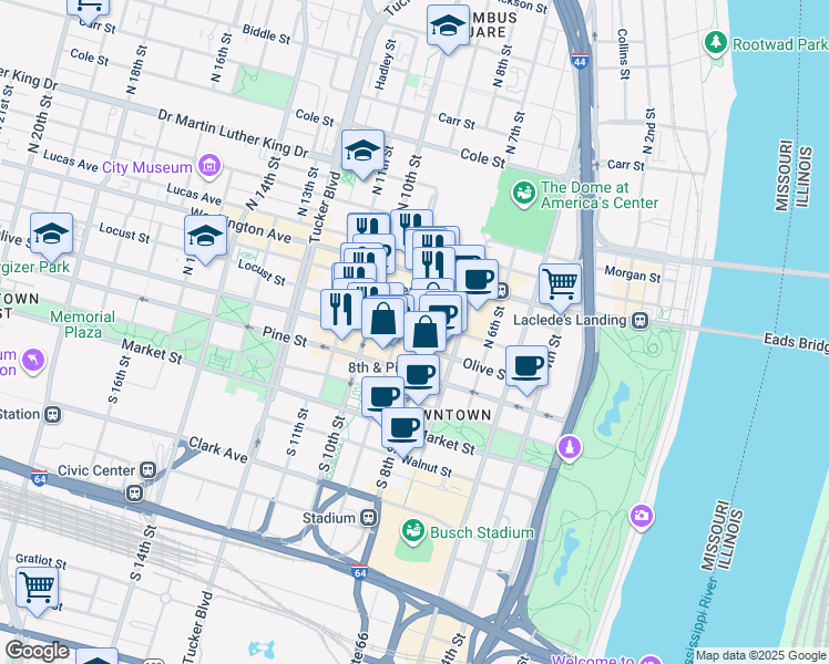 map of restaurants, bars, coffee shops, grocery stores, and more near 905-913 Olive Street in St. Louis
