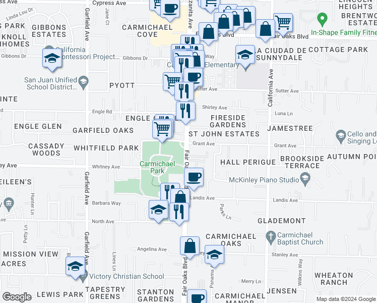 map of restaurants, bars, coffee shops, grocery stores, and more near 5900 Grant Avenue in Carmichael