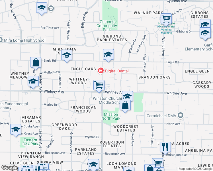 map of restaurants, bars, coffee shops, grocery stores, and more near 3532 Mission Avenue in Carmichael