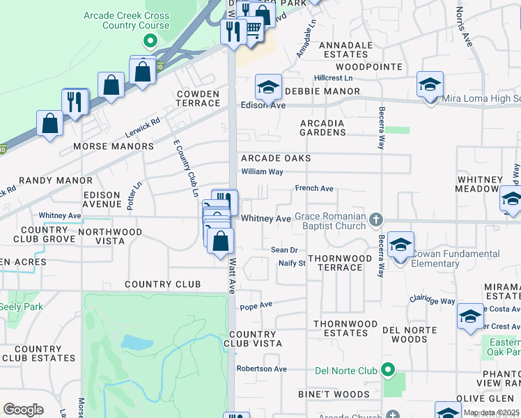 map of restaurants, bars, coffee shops, grocery stores, and more near 3541 Whitney Avenue in Sacramento