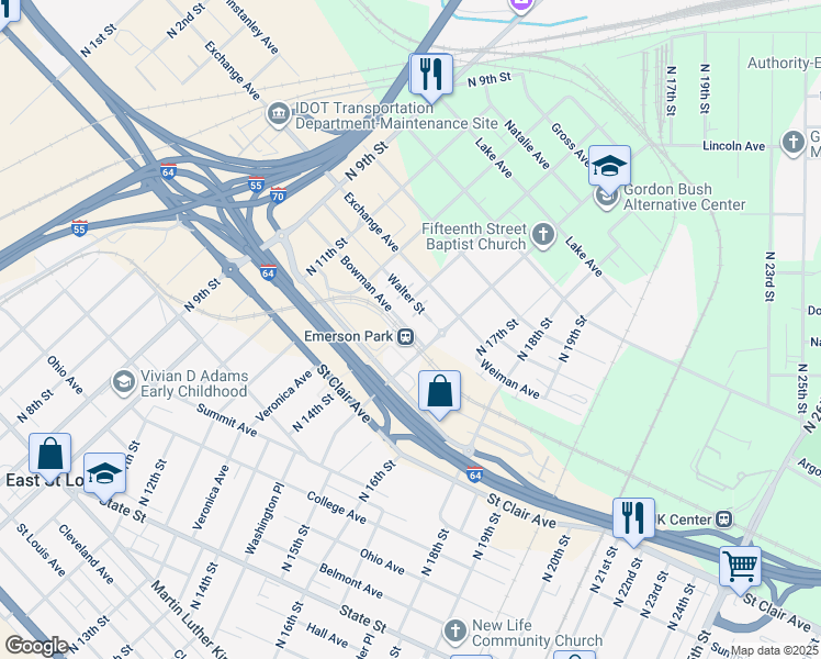map of restaurants, bars, coffee shops, grocery stores, and more near in East St. Louis