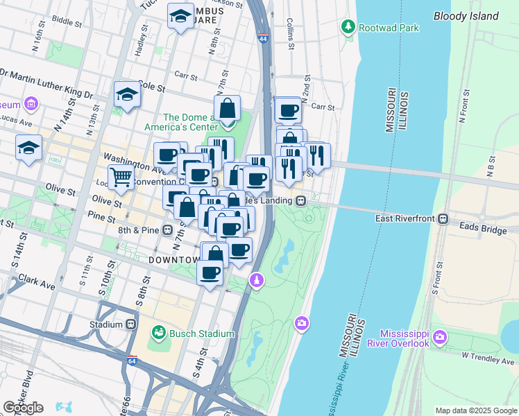 map of restaurants, bars, coffee shops, grocery stores, and more near 432 Eads Bridge in St. Louis