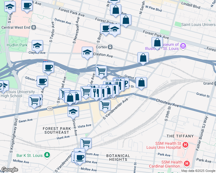 map of restaurants, bars, coffee shops, grocery stores, and more near 4146 Papin Street in St. Louis