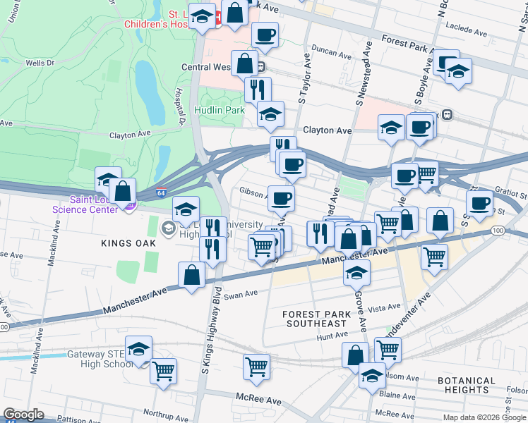 map of restaurants, bars, coffee shops, grocery stores, and more near 4532 Gibson Avenue in St. Louis