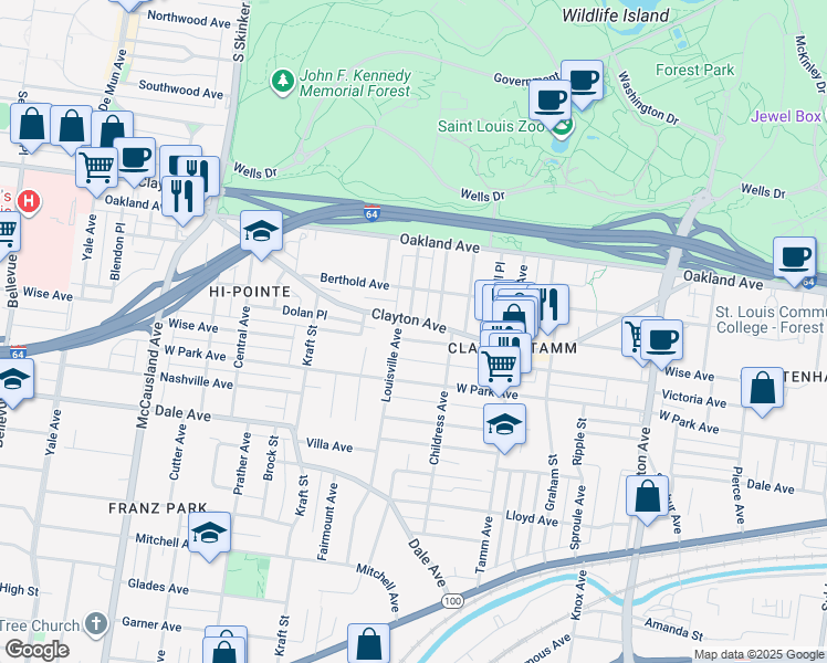 map of restaurants, bars, coffee shops, grocery stores, and more near 6496 Clayton Avenue in St. Louis