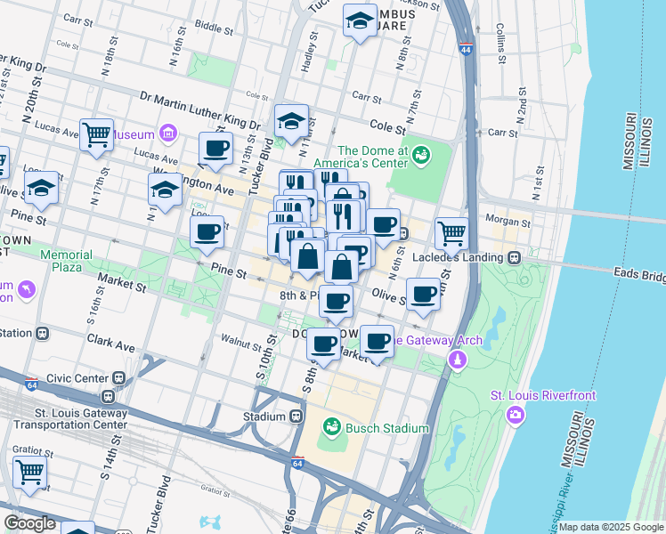 map of restaurants, bars, coffee shops, grocery stores, and more near 815 Olive Street in St. Louis