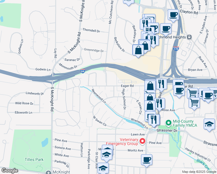 map of restaurants, bars, coffee shops, grocery stores, and more near 9120 Eager Road in St. Louis