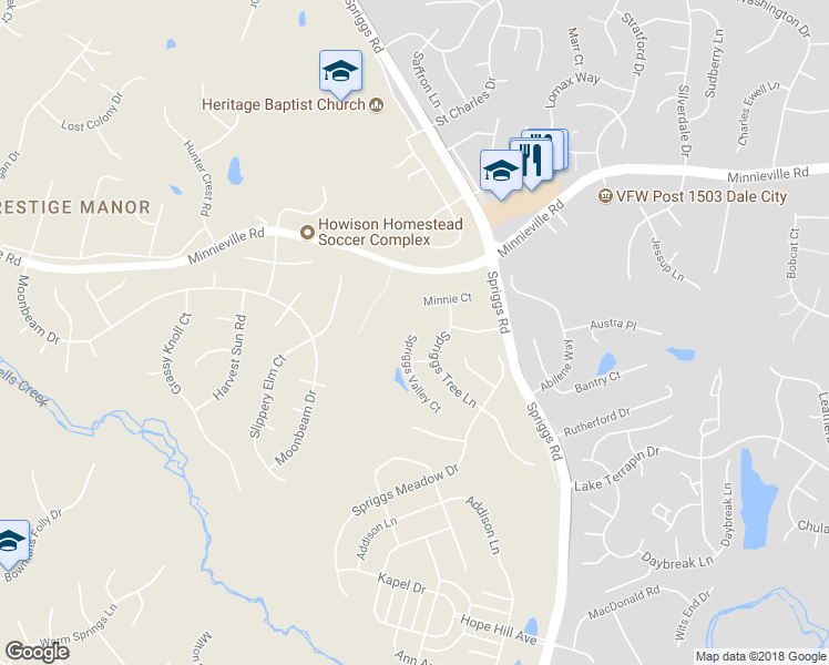 map of restaurants, bars, coffee shops, grocery stores, and more near 14985 Spriggs Valley Court in Woodbridge