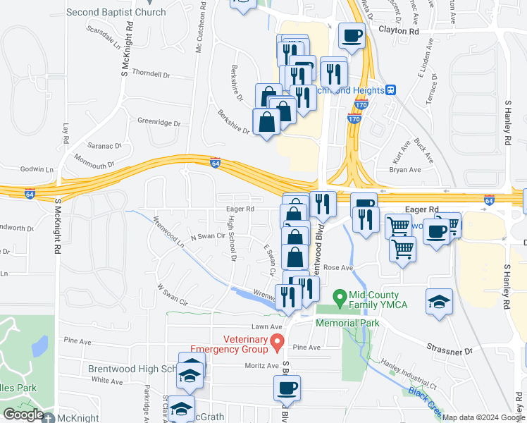 map of restaurants, bars, coffee shops, grocery stores, and more near 8830 Eager Road in St. Louis
