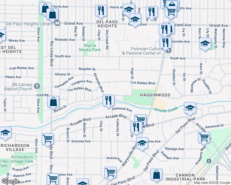 map of restaurants, bars, coffee shops, grocery stores, and more near 1301 Rivera Drive in Sacramento