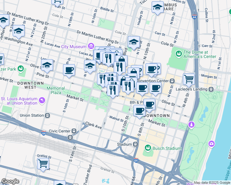 map of restaurants, bars, coffee shops, grocery stores, and more near 231 North Tucker Boulevard in St. Louis