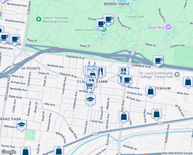 map of restaurants, bars, coffee shops, grocery stores, and more near in St. Louis