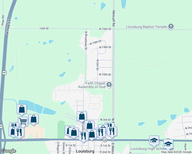 map of restaurants, bars, coffee shops, grocery stores, and more near 204 North 10th Street in Louisburg