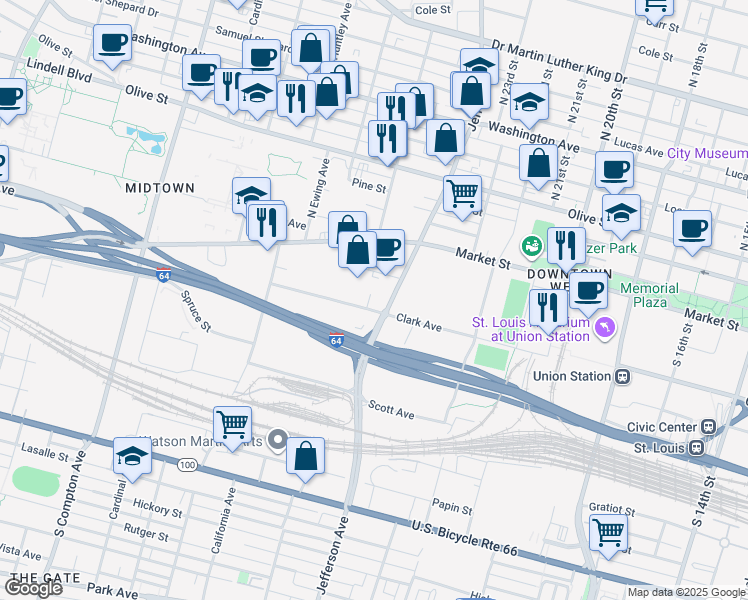 map of restaurants, bars, coffee shops, grocery stores, and more near in St. Louis