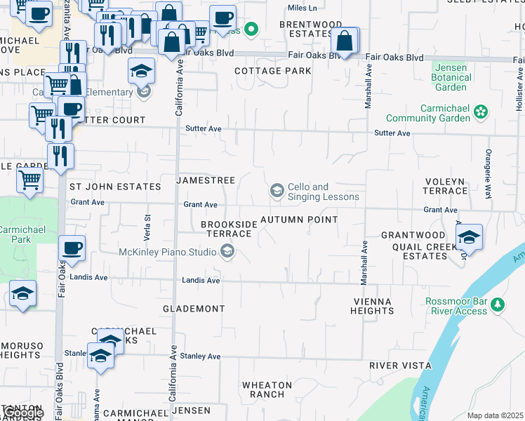 map of restaurants, bars, coffee shops, grocery stores, and more near 6430 Grant Avenue in Carmichael