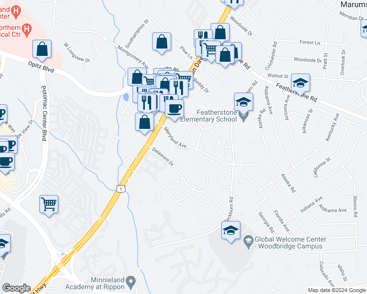map of restaurants, bars, coffee shops, grocery stores, and more near 2521 Neabsco Common Place in Woodbridge